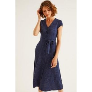 Boden Frances Jersey Midi Dress, Navy Blue w/Red Polka Dots, 6R